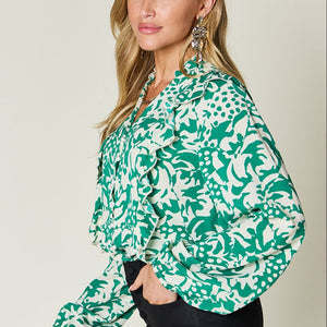 Double Take Full Size Printed Ruffle Trim Balloon Sleeve Shirt