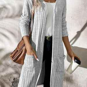 Ribbed Open Front Long Sleeve Cardigan with Pockets