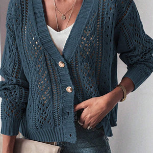 Openwork Button Up Long Sleeve Cardigan