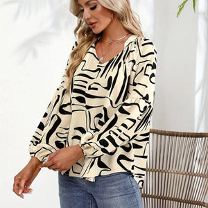 Printed Notched Long Sleeve Blouse