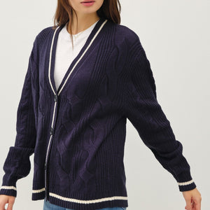 Be Cool Contrast Trim Cable-Knit V-Neck Cardigan