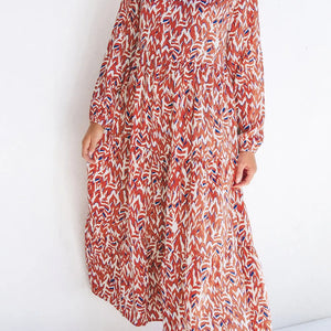 Printed Notched Long Sleeve Dress