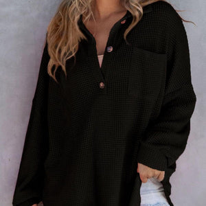 Waffle-Knit Dropped Shoulder Long Sleeve Sweatshirt