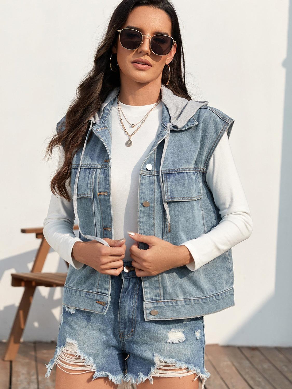 Drawstring Button Up Sleeveless Denim Jacket