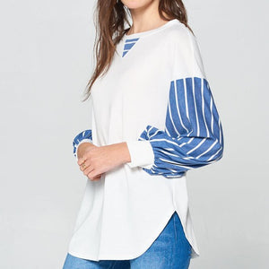 Super Lady Full Size French Terry Striped Long Sleeve Top