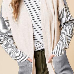 Open Front Long Sleeve Striped Cardigan with Pockets