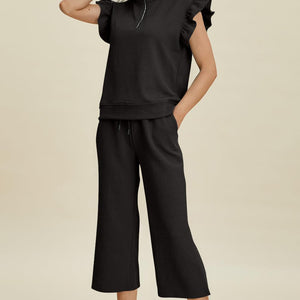 Double Take Full Size Texture Ruffle Short Sleeve Top and Wide Leg Pants Set