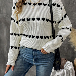 Perfee Heart Round Neck Long Sleeve Sweater