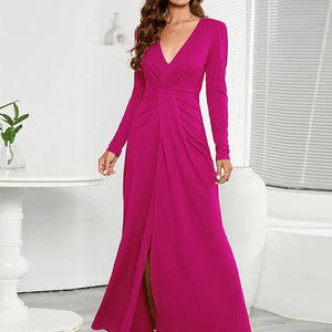 V-Neck Long Sleeve Split Dress