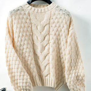 Cable-Knit Round Neck Long Sleeve Sweater