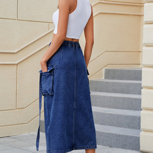 Slit Pocketed High Waist Denim Skirt