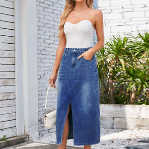 Slit Midi Denim Skirt with Pockets