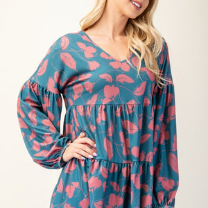 Celeste Full Size Tiered Floral V-Neck Long Sleeve Blouse