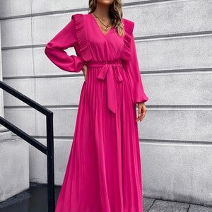 Pleated Surplice Tie Waist Maxi Dress