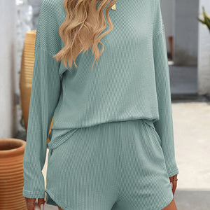 Double Take Round Neck Long Sleeve Top and Shorts Set