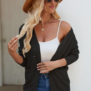 Pocketed V-Neck Button Up Long Sleeve Cardigan