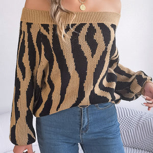 Off-Shoulder Animal Print Long Sleeve Sweater