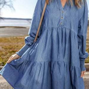 Tiered Johnny Collar Long Sleeve Denim Dress