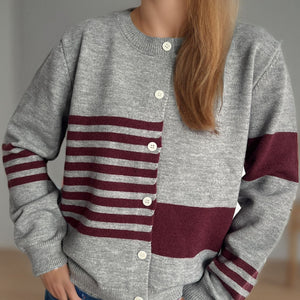 Striped Color Block Round Neck Cardigan