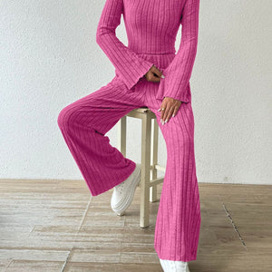 Ribbed V-Neck Long Sleeve Top and Pocketed Pants Set