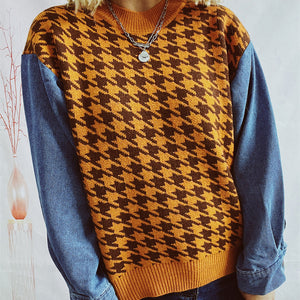 Houndstooth Denim Sleeve Sweater