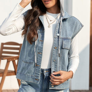 Drawstring Button Up Sleeveless Denim Jacket