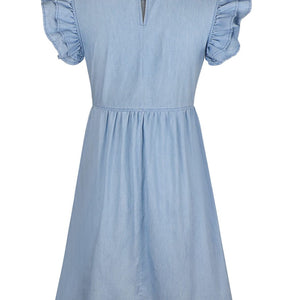 Full Size Ruffled Round Neck Cap Sleeve Denim Dress