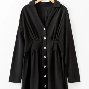 Ruched Button Up Long Sleeve Dress