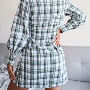 Tied Plaid Long Sleeve Mini Shirt Dress