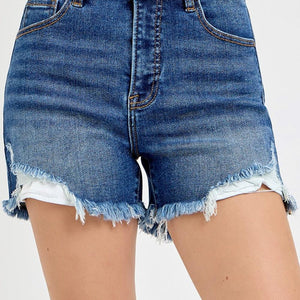 RISEN High Rise Side Step Hem Denim Shorts