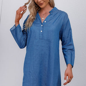 Half-Button Notched Neck High-Low Denim Dress