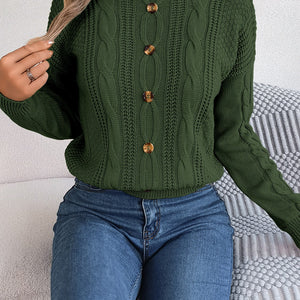 Cable-Knit Buttoned Round Neck Sweater