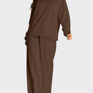 Round Neck Long Sleeve Top and Slit Pants Set