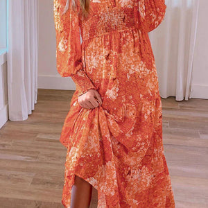 Smocked Printed V-Neck Long Sleeve Dress