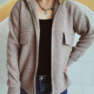 Zip Up Collared Neck Long Sleeve Cardigan