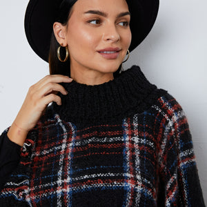 Shiny Turtleneck Plaid Raw Hem Sweater