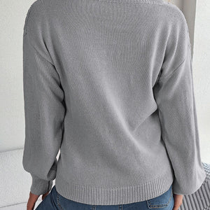 Cable-Knit V-Neck Lantern Sleeve Sweater