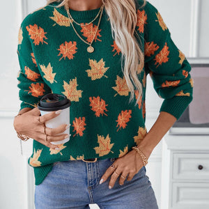 Maple Leaf Round Neck Long Sleeve Sweater