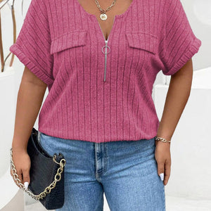 Plus Size Half Zip Short Sleeve T-Shirt