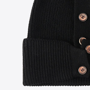 Button Detail Rib-Knit Cuff Beanie