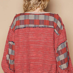 POL Round Neck Long Sleeve Plaid Shirt