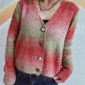 Gradient Heart Shape Button V-Neck Cardigan