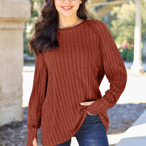 Basic Bae Full Size Ribbed Round Neck Long Sleeve Knit Top