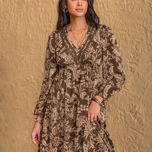 Ruched Printed V-Neck Long Sleeve Midi Dress