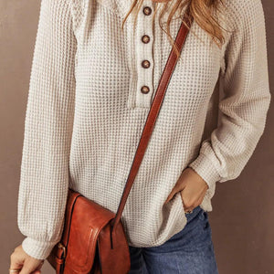 Waffle-Knit Half Button Round Neck Long Sleeve Top