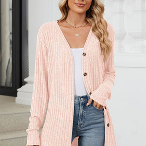 Ribbed Button Up Long Sleeve Cardigan