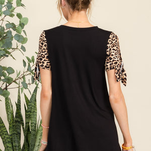 Celeste Full Size Open Tie Sleeve Leopard Color Blocked Top