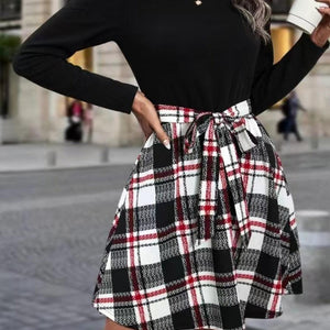 Tied Plaid Round Neck Long Sleeve Dress