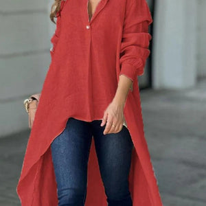 Full Size High-Low Collared Neck Long Sleeve Shirt