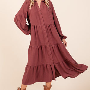 Mittoshop Tiered Button Down Long Sleeve Midi Dress